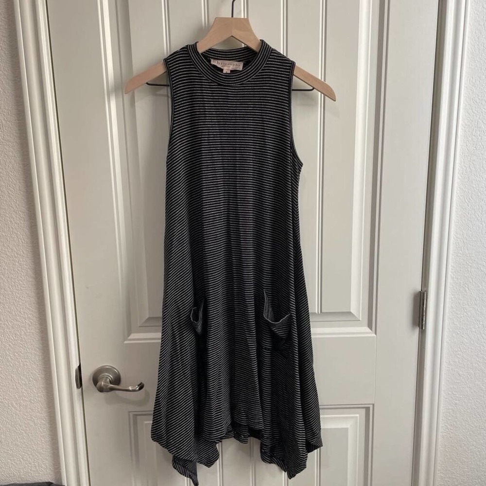 Philosophy Shift Dress Black White Stripe Shark Bit Hem Pockets Sleeveless S New
